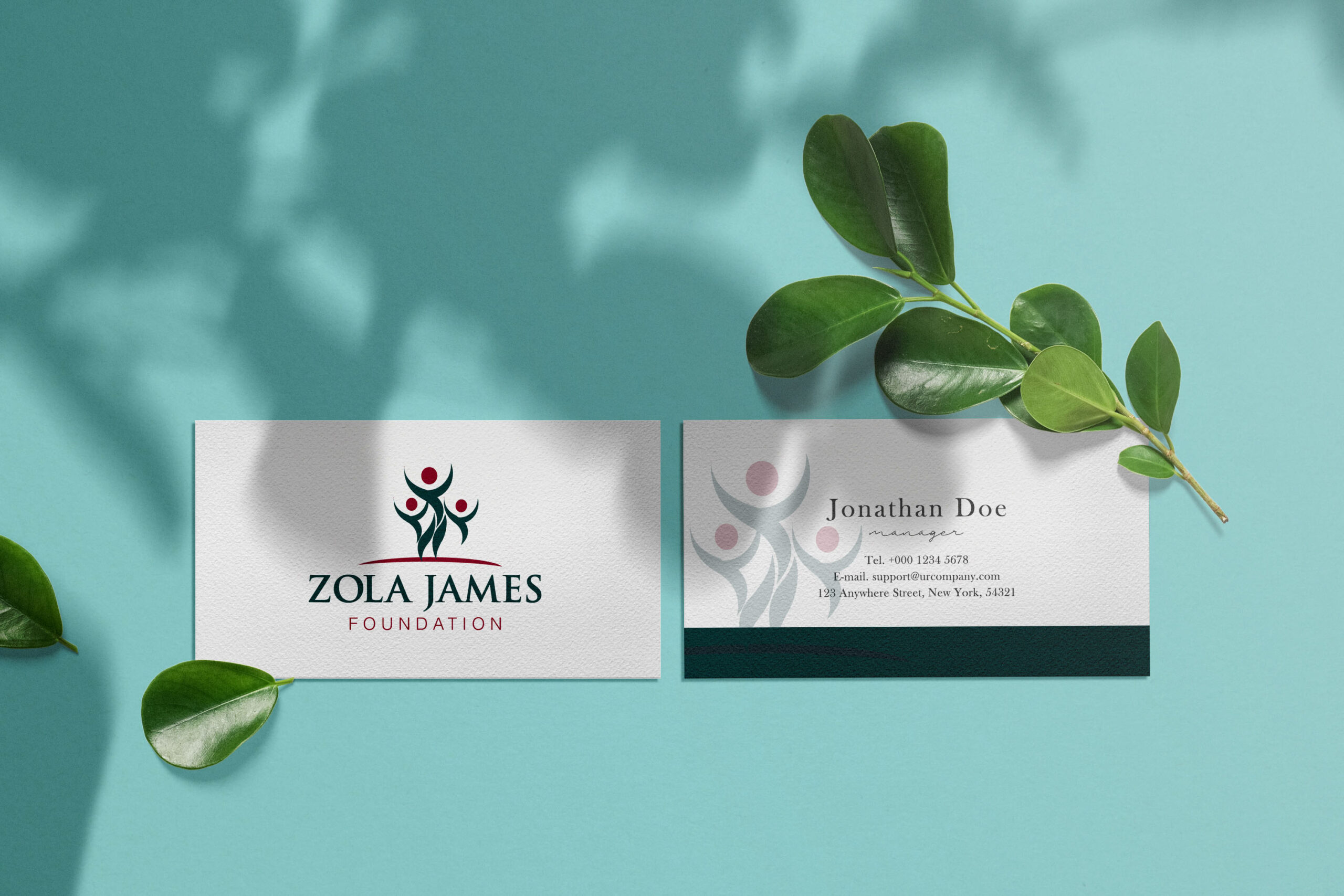Clean minimal business card mockup on texture with leaves background. PSD file.